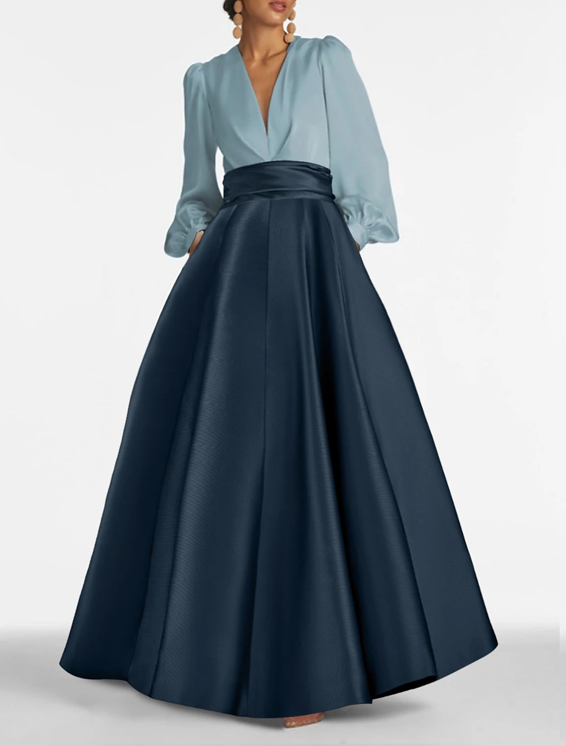 Vestido de noche de corte A, elegante vestido de invitada de boda, formal, de graduación, largo hasta el suelo, manga larga, cuello en V, satén con fruncido
