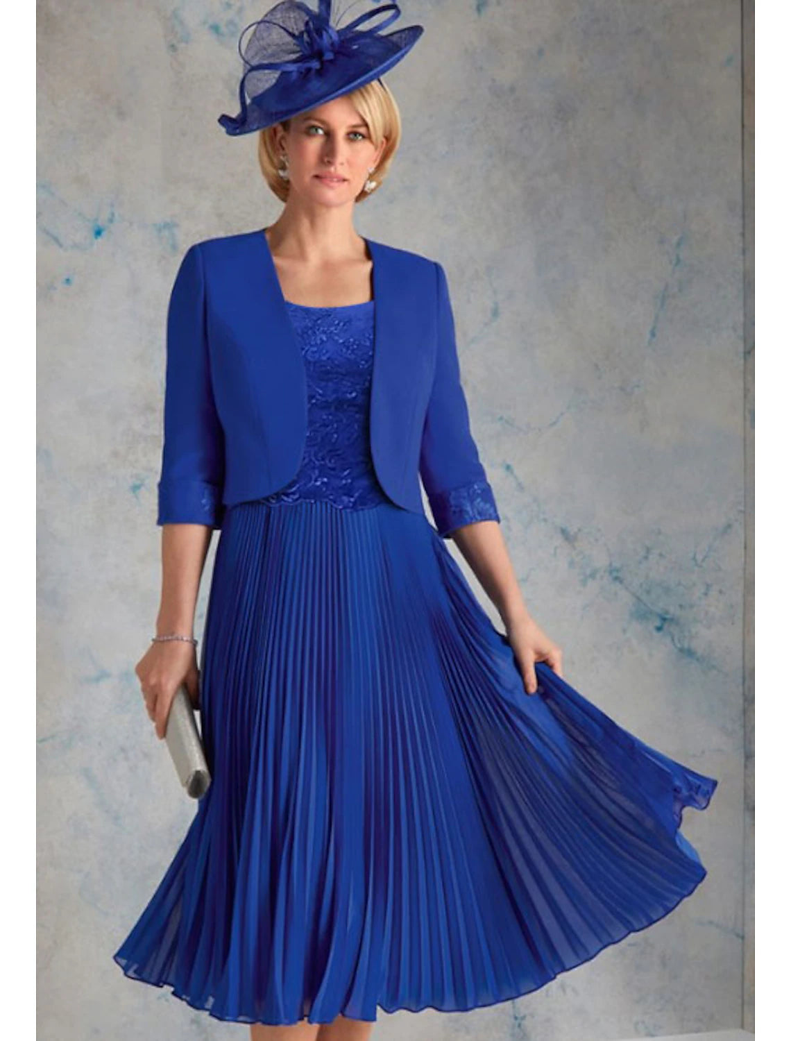 Vestido de dos piezas para madre de la novia, para invitadas de boda, para iglesia, elegante y lujoso, escote redondo, largo hasta la rodilla, de gasa, manga 3/4, vestidos de chaqueta corta con fruncido de encaje para otoño