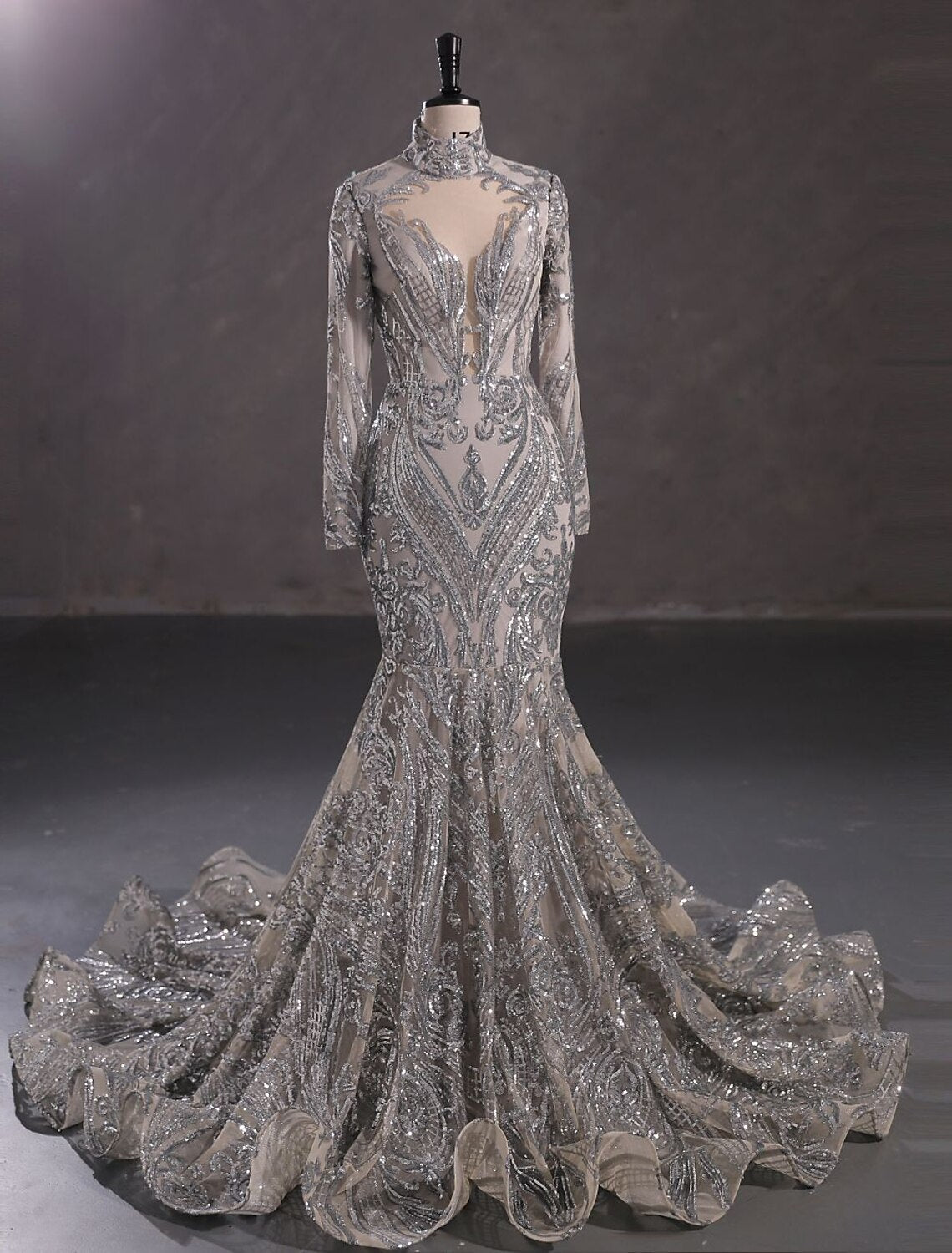 Vestido de fiesta de sirena, vestido de noche, vestido brillante y resplandeciente, vestido de carnaval, Navidad, rojo y verde, cola de corte, manga larga, cuello alto, encaje con lentejuelas