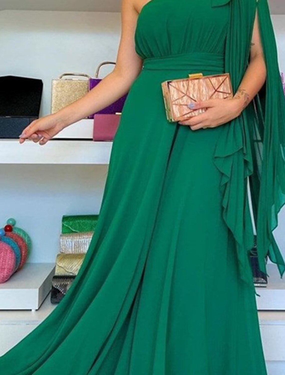Green Chiffon One Shoulder A-Line Floor-Length Evening Dress
