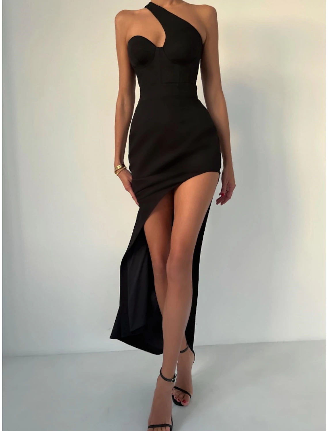 Black Crepe One Shoulder High-Low Sheath Dress