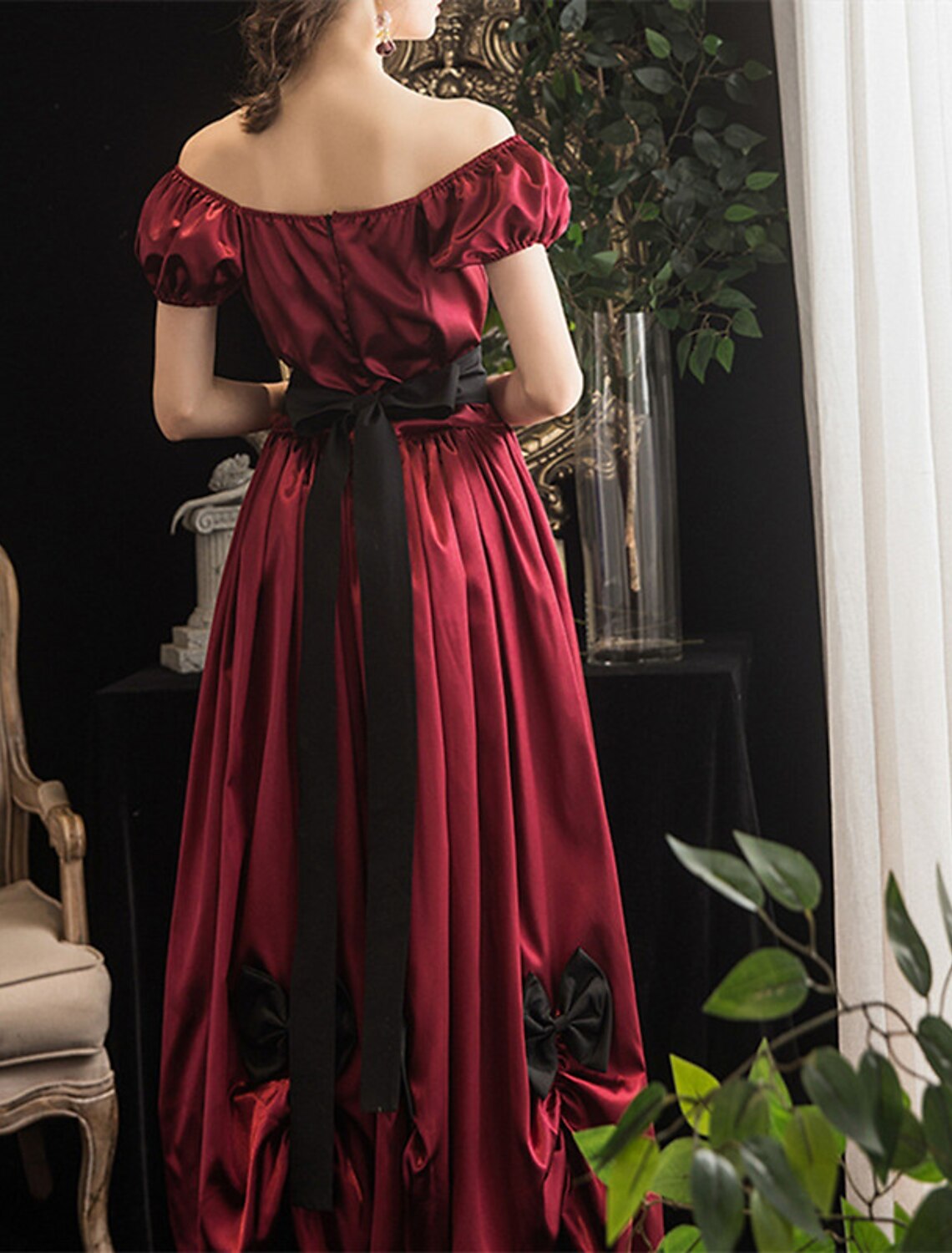 Vestido de fiesta estilo gala, vestido vintage de Halloween, largo hasta el suelo, manga corta, hombros descubiertos, poliéster, con faja/cinta, lazo(s), pliegues.