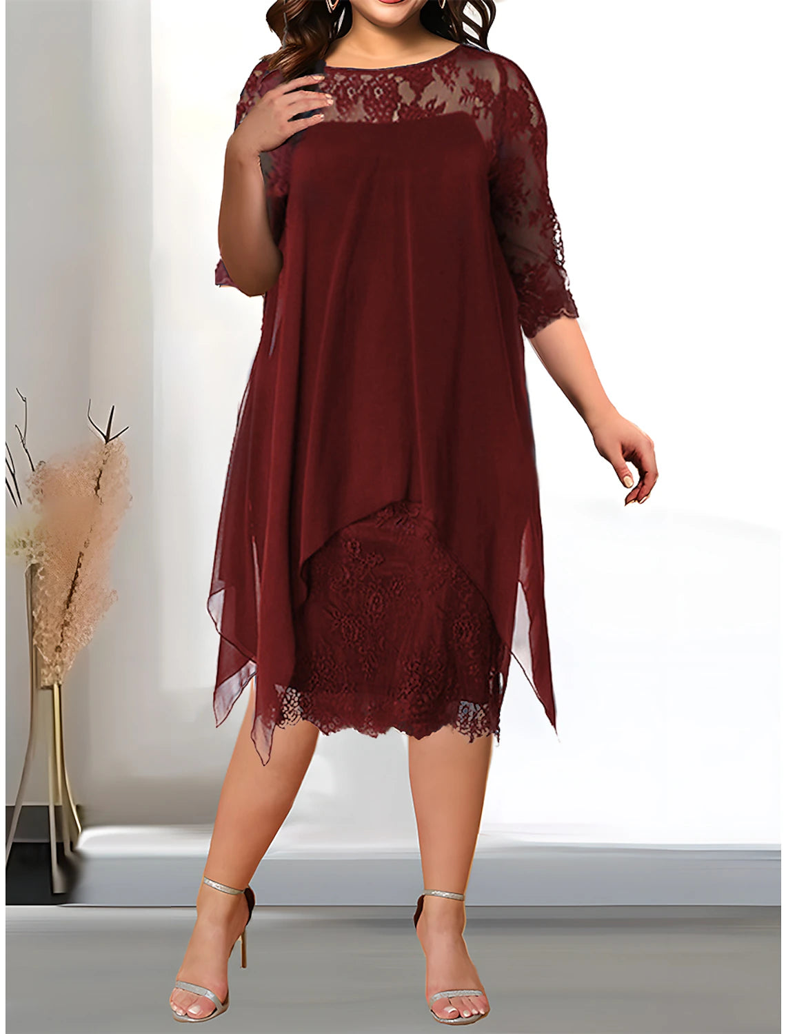 Women's Plus Size Curve Party Dress Solid Color Crew Neck Lace 3/4 Length Sleeve Spring Summer Casual Prom Dress Midi Dress Party Work Dress Lace Dress Homecoming Dress