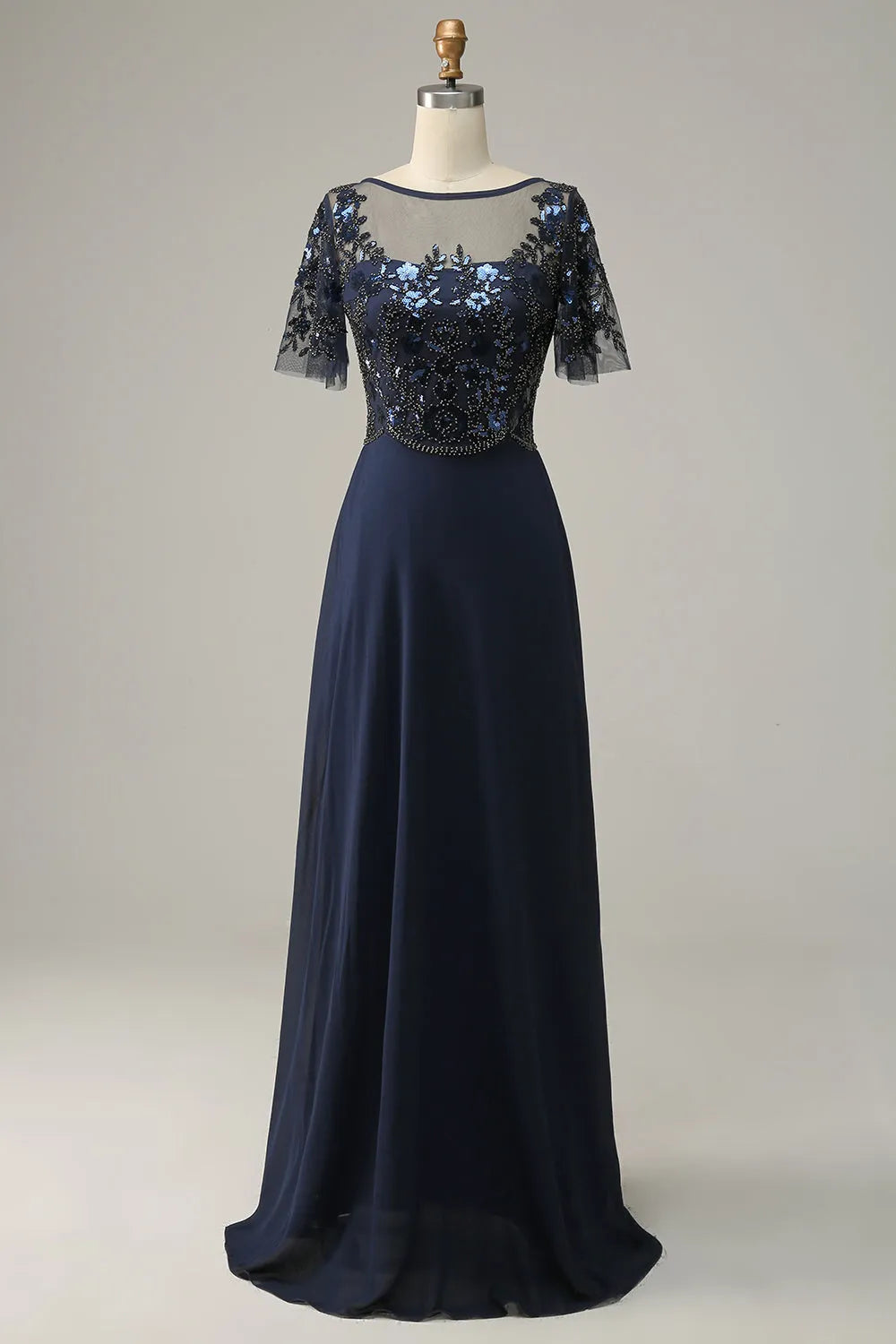 Dark Navy Chiffon A-Line Floor-Length Dress with Beaded Illusion Neckline