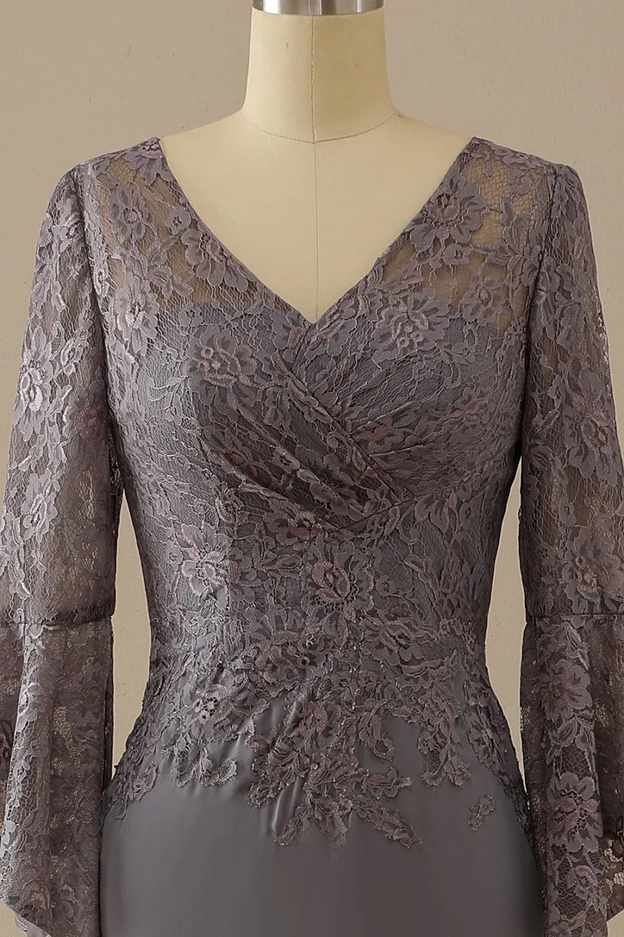 Grey Lace V-Neck Bell Sleeve Sheath Floor-Length Bridesmaid Dress