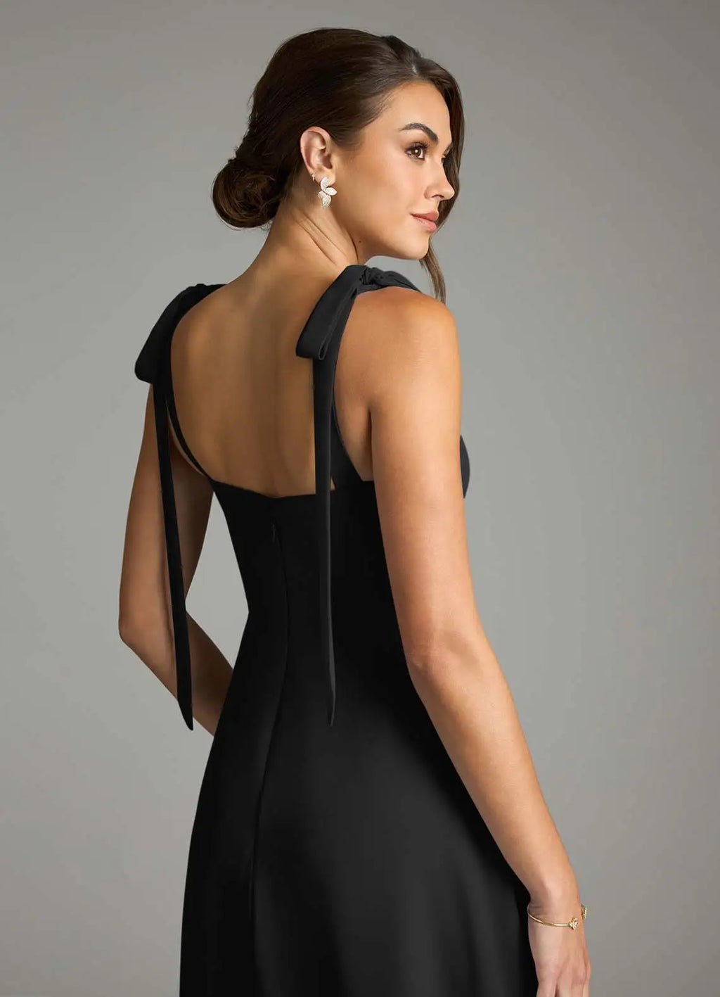 Black Crepe A-Line Square Neck Floor-Length Bridesmaid Dress with Tie-Shoulder Straps