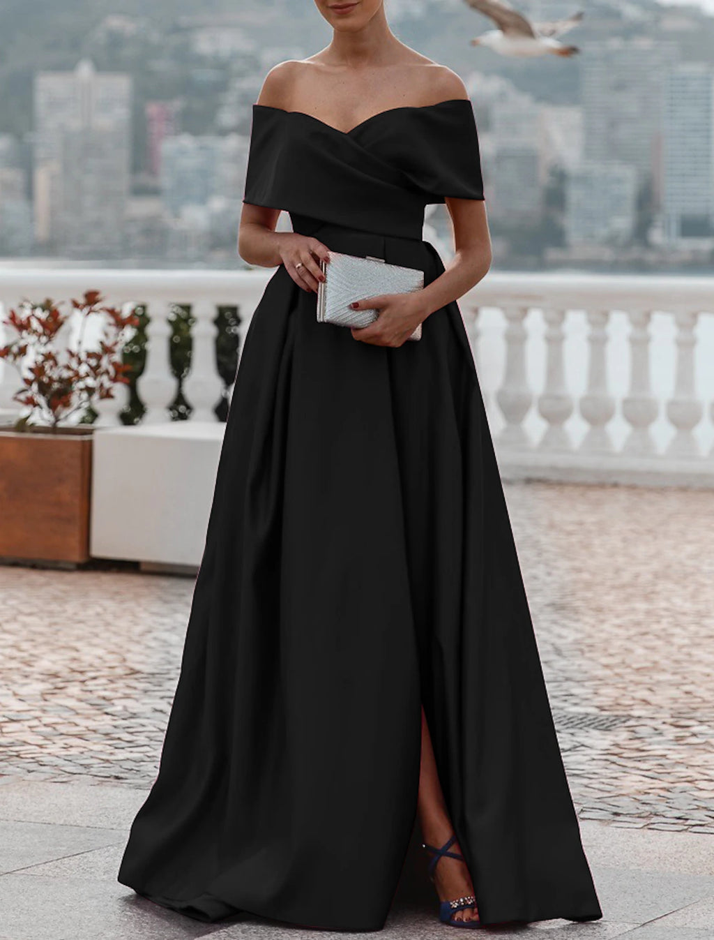 Pink Satin A-Line Off-the-Shoulder Floor-Length Evening Dress