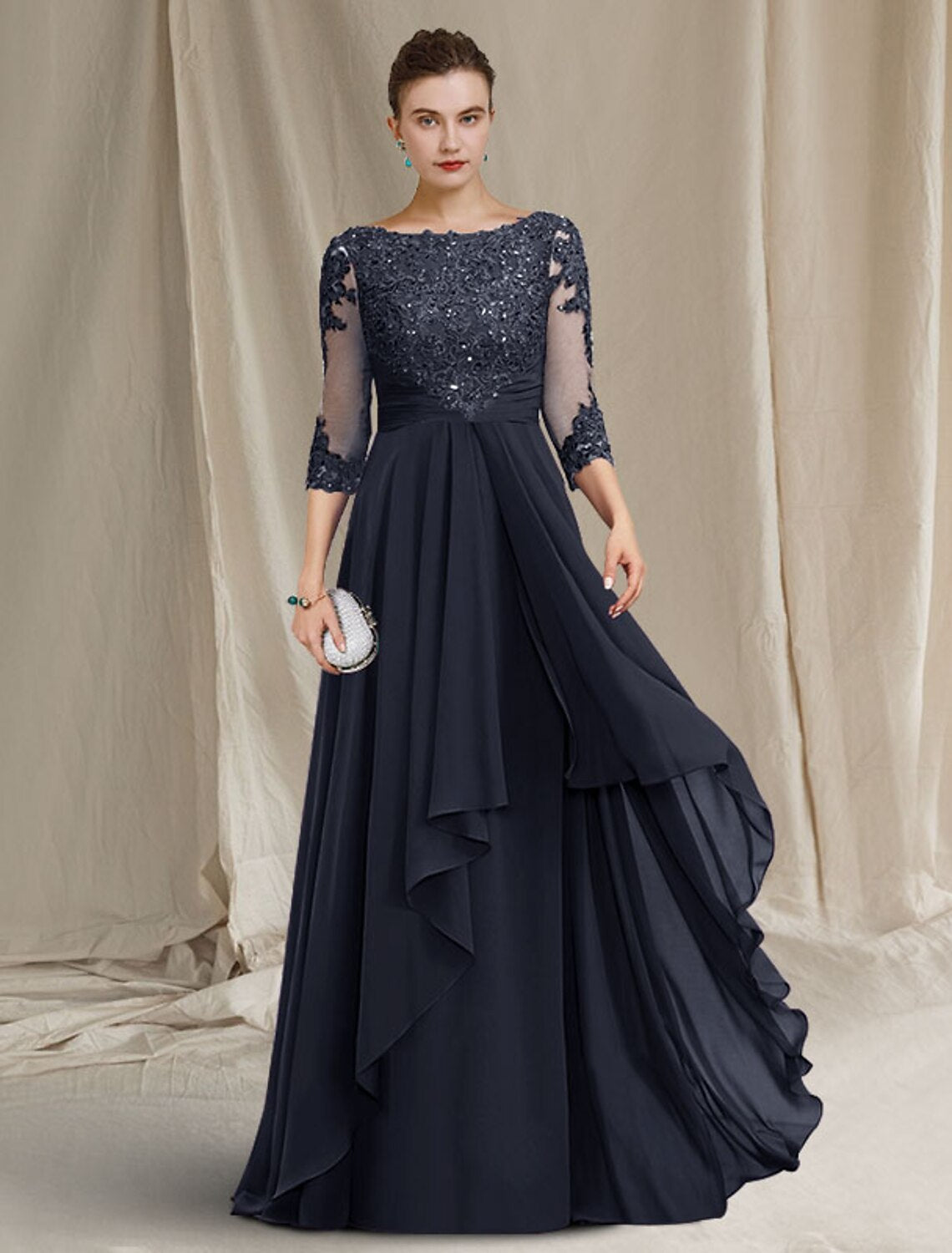 Vestido de madre de la novia de corte A, lujoso y elegante, con escote joya, largo hasta el suelo, de gasa, encaje con lentejuelas, manga 3/4 con pliegues y apliques de cuentas.