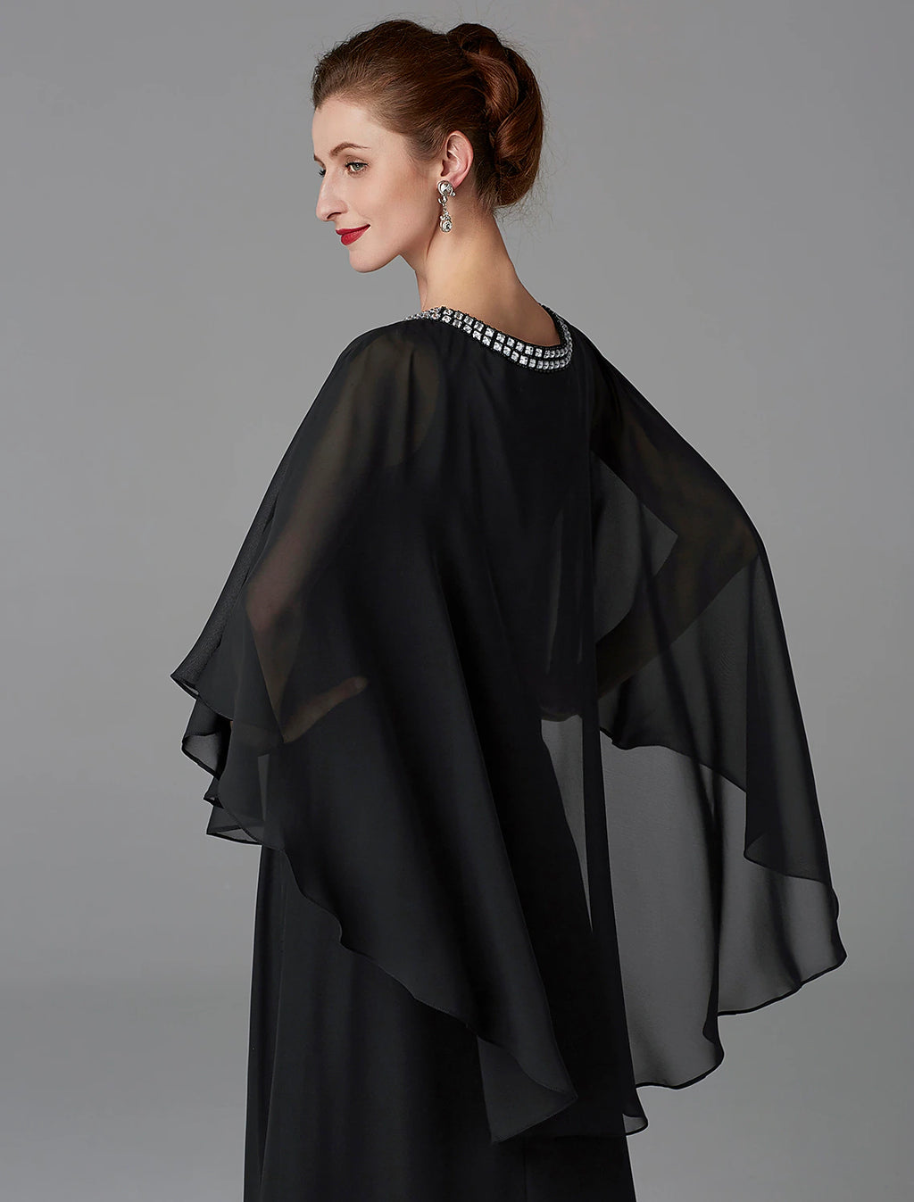 Black Chiffon A-Line Floor-Length Evening Dress with Embellished Scoop Neck and Cape Overlay