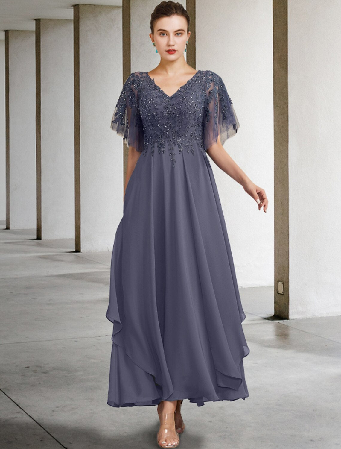 Stormy Chiffon A-Line V-Neck Floor-Length Evening Dress with Embellished Bodice