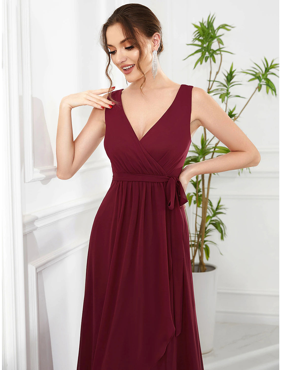 Burgundy Chiffon A-Line V-Neck Asymmetrical Pleated Dress