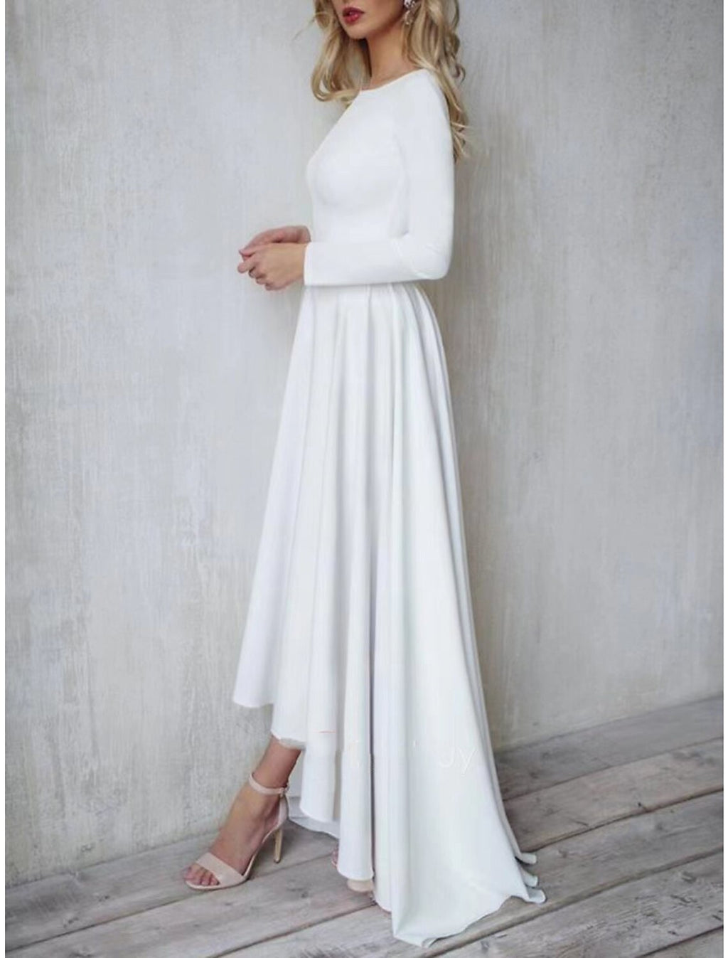 Vestido de noche de corte A con espalda abierta, para invitada de boda, formal, asimétrico, manga larga, cuello joya, tela con botones y pliegues (2025)