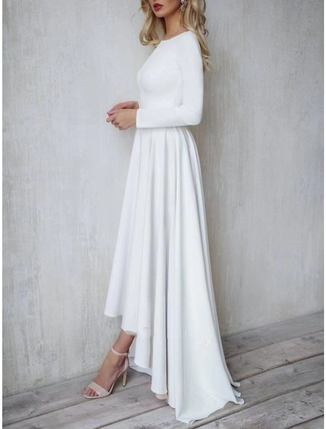 Vestido de noche de corte A con espalda abierta, para invitada de boda, formal, asimétrico, manga larga, cuello joya, tela con botones y pliegues (2025)