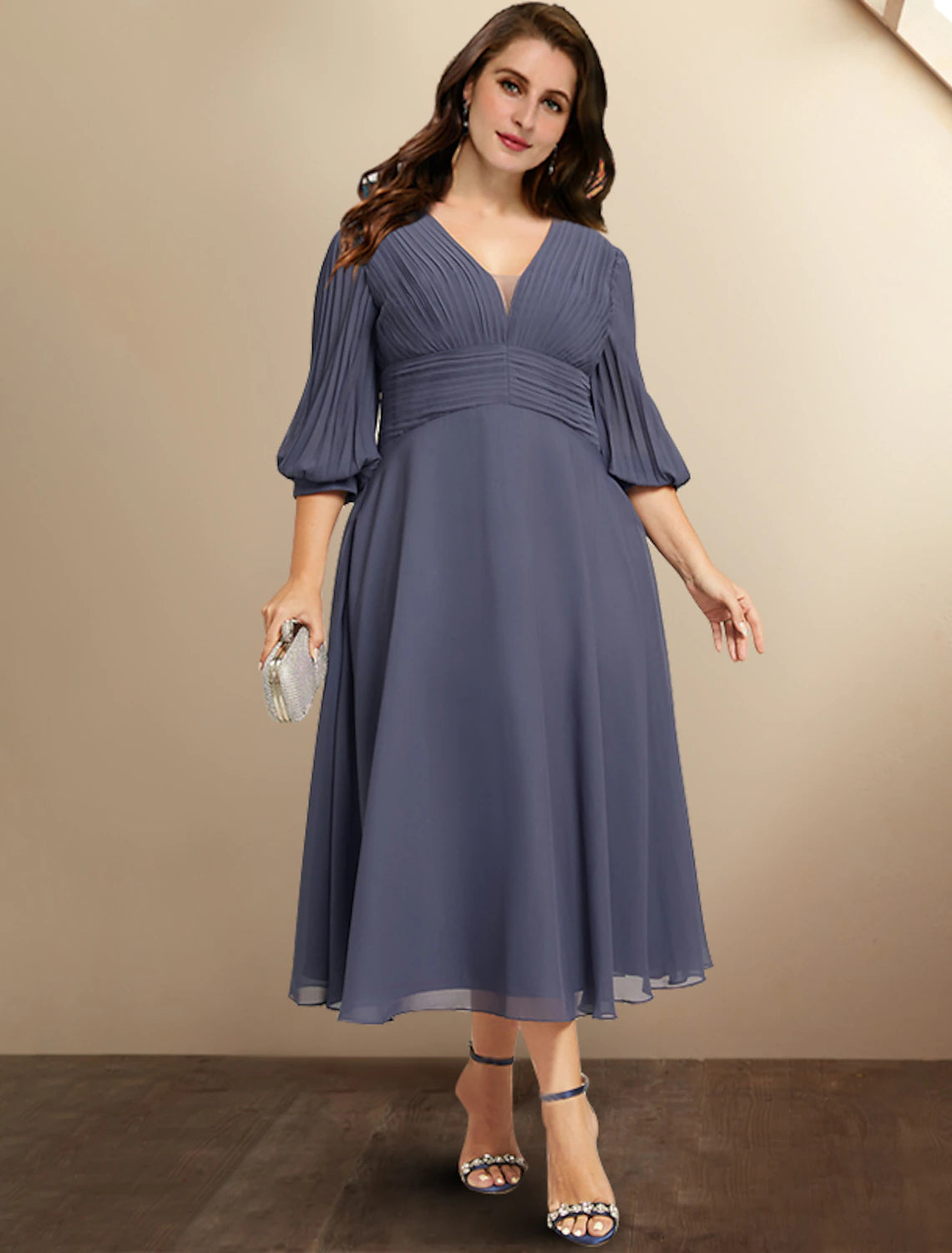 Slate Blue Chiffon A-Line Tea-Length Bridesmaid Dress for Bridesmaid & Wedding-Guest