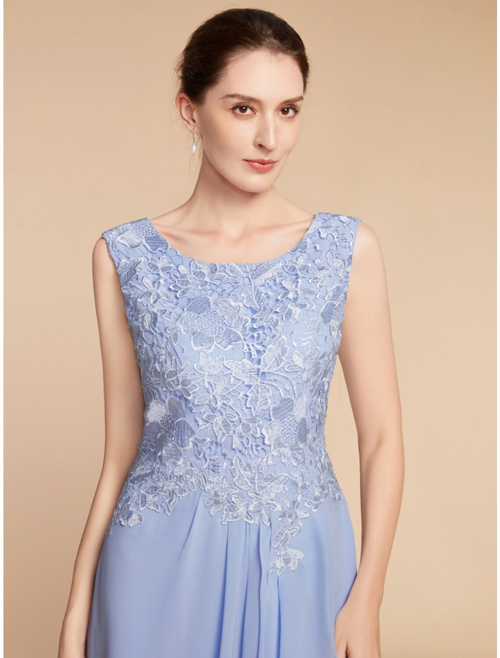 Dusty Blue Chiffon A-Line Tea-Length Bridesmaid Dress with Lace Bodice & Jacket