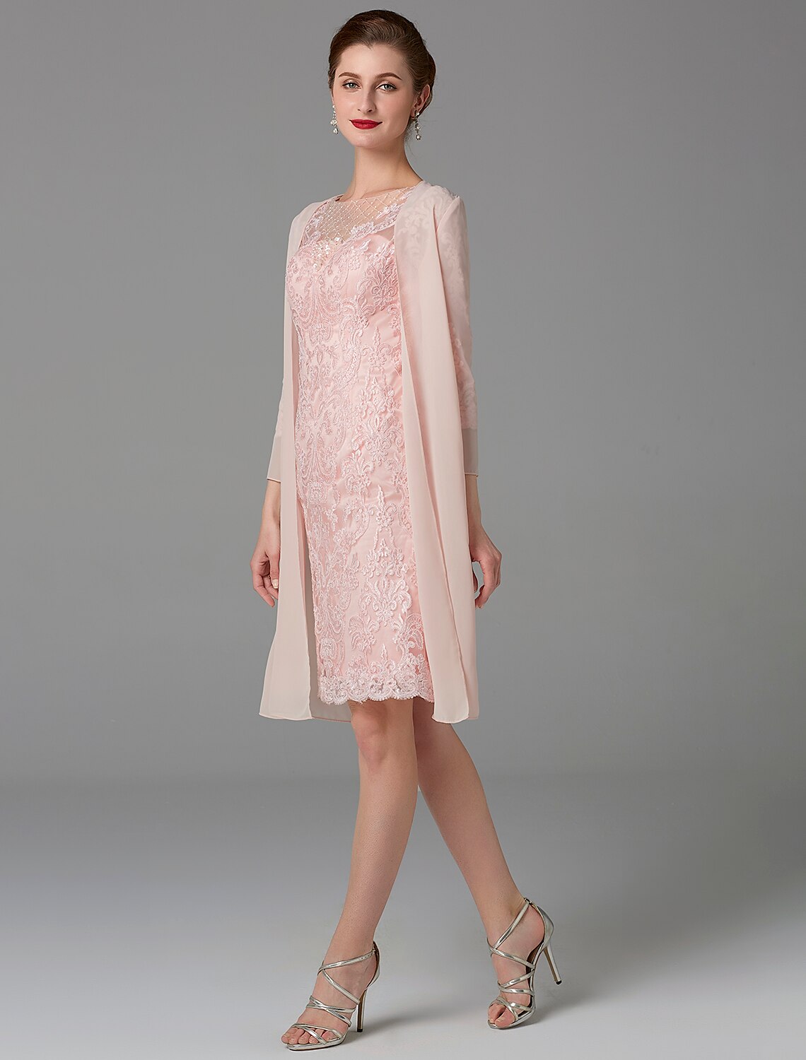 Vestido de madre de la novia de dos piezas, estilo tubo/columna, con brillo y brillo, cuello joya, largo hasta la rodilla, de gasa, con encaje, mangas 3/4, chaqueta y apliques de cuentas.