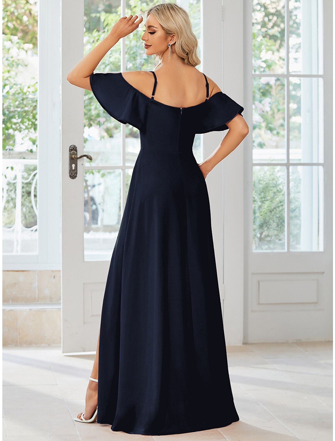 Dark Navy Chiffon Off-the-Shoulder Sweetheart A-Line Floor-Length Bridesmaid Dress with High Slit