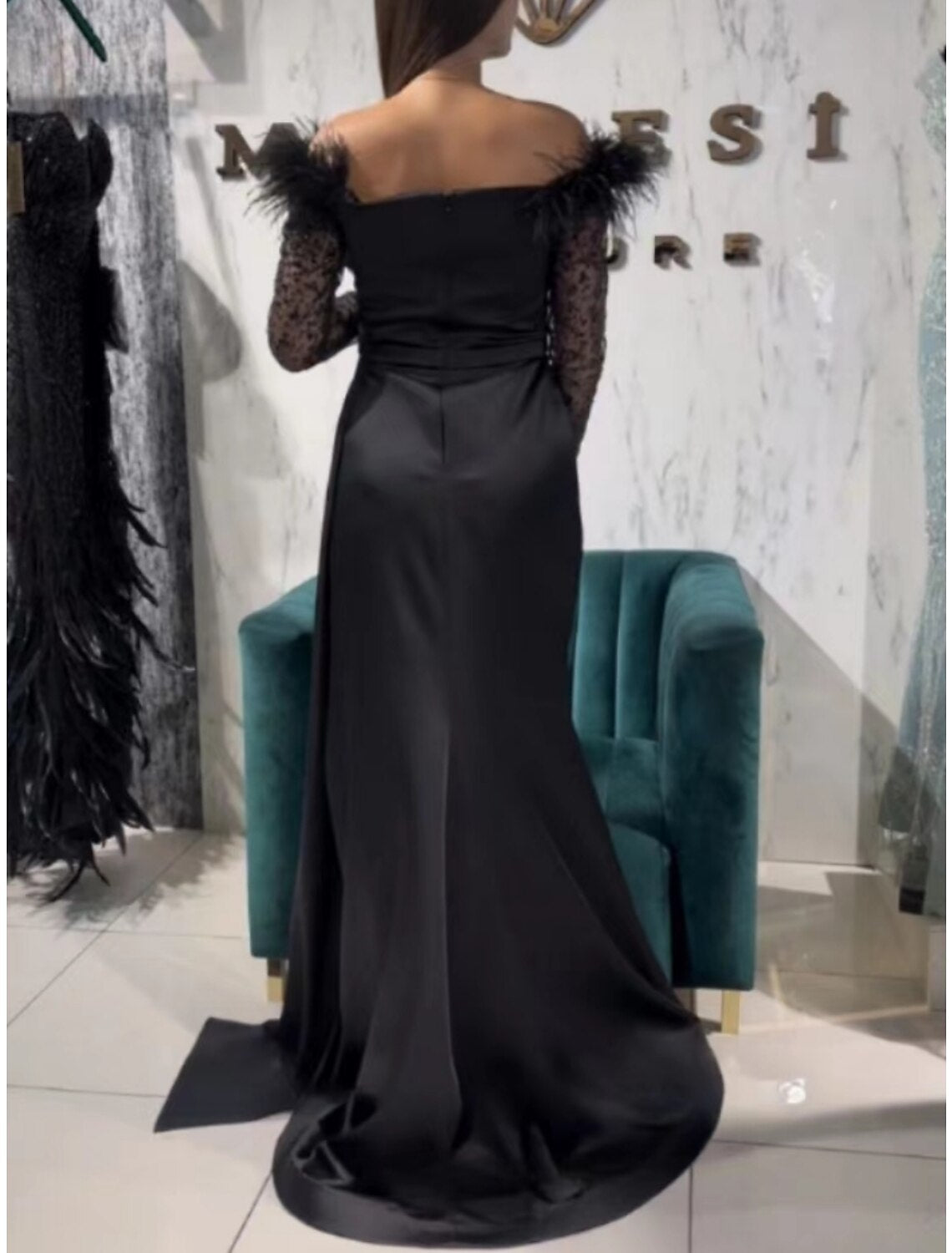 A-Line Evening Gown Party Dress Black Dress Formal Sweep / Brush Train Long Sleeve Off Shoulder Sequined with Feather Pleats Slit 2025