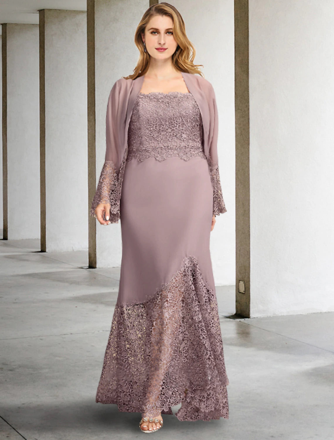 Vestido de dos piezas de corte A para madre de la novia, talla grande, para ocultar la curva del vientre, elegante, formal, asimétrico, sin mangas, cuello cuadrado, de gasa con apliques.