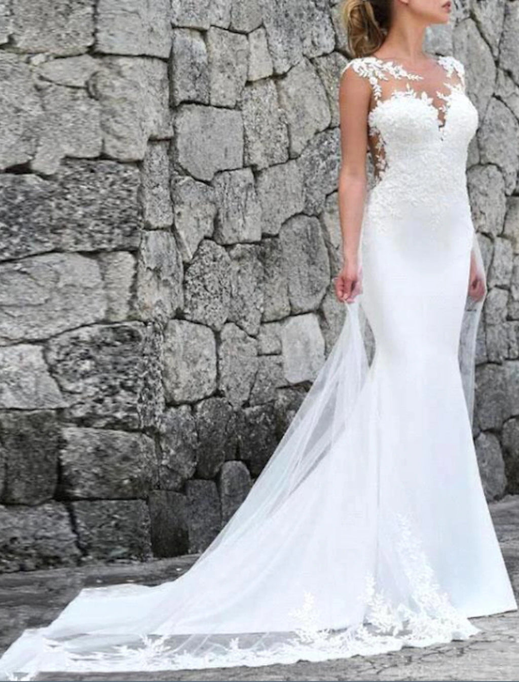 Ivory Crepe Mermaid Floor-Length Dress with Illusion Lace Appliques