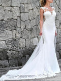 Ivory Crepe Mermaid Floor-Length Dress with Illusion Lace Appliques