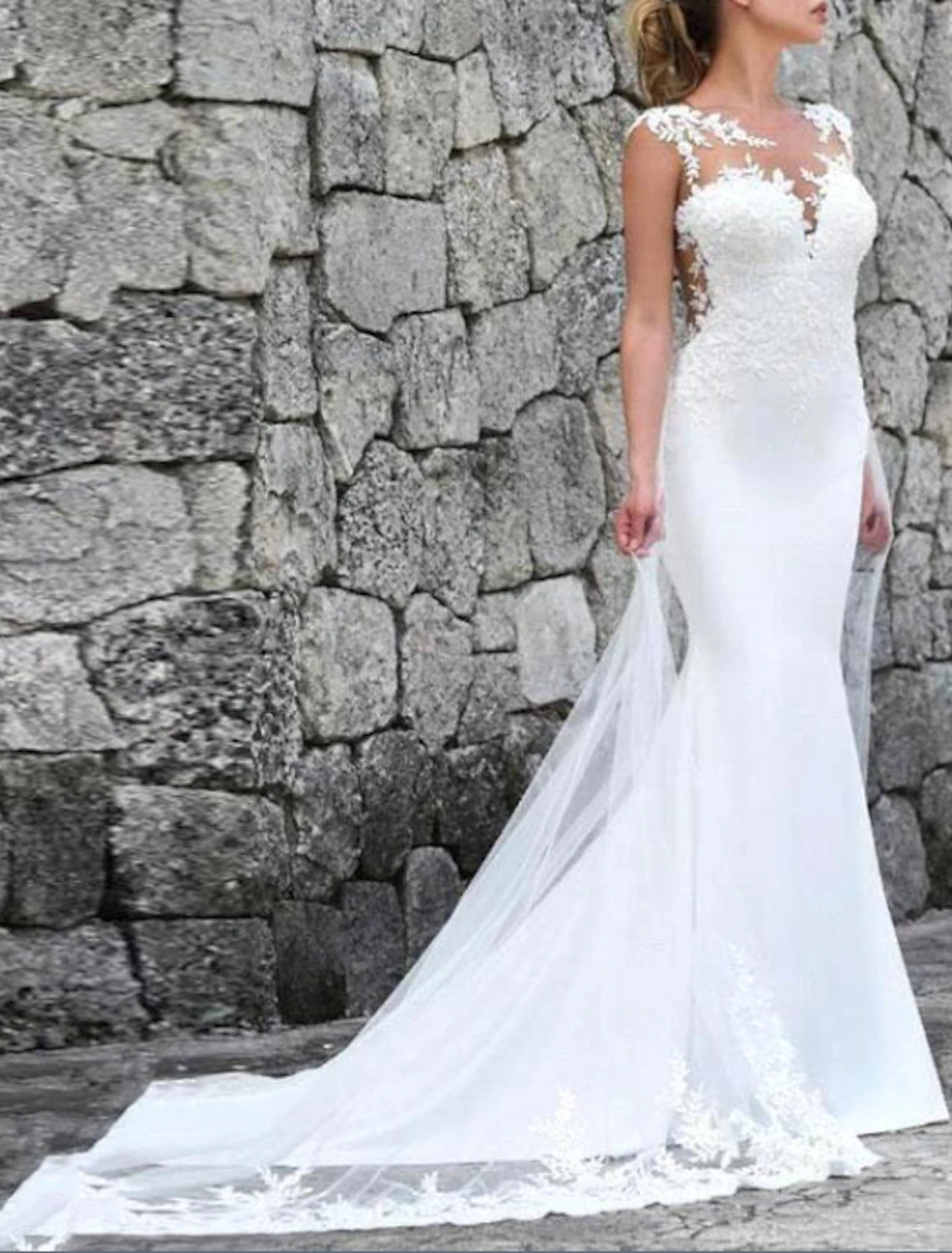 Ivory Crepe Mermaid Floor-Length Dress with Illusion Lace Appliques