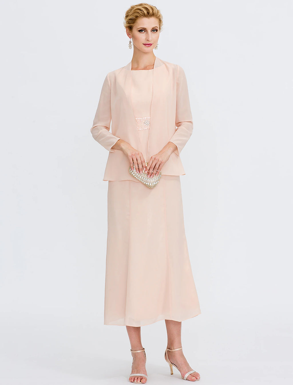 Blushing Pink Tea-Length Mother of the Bride Dress with Jacket