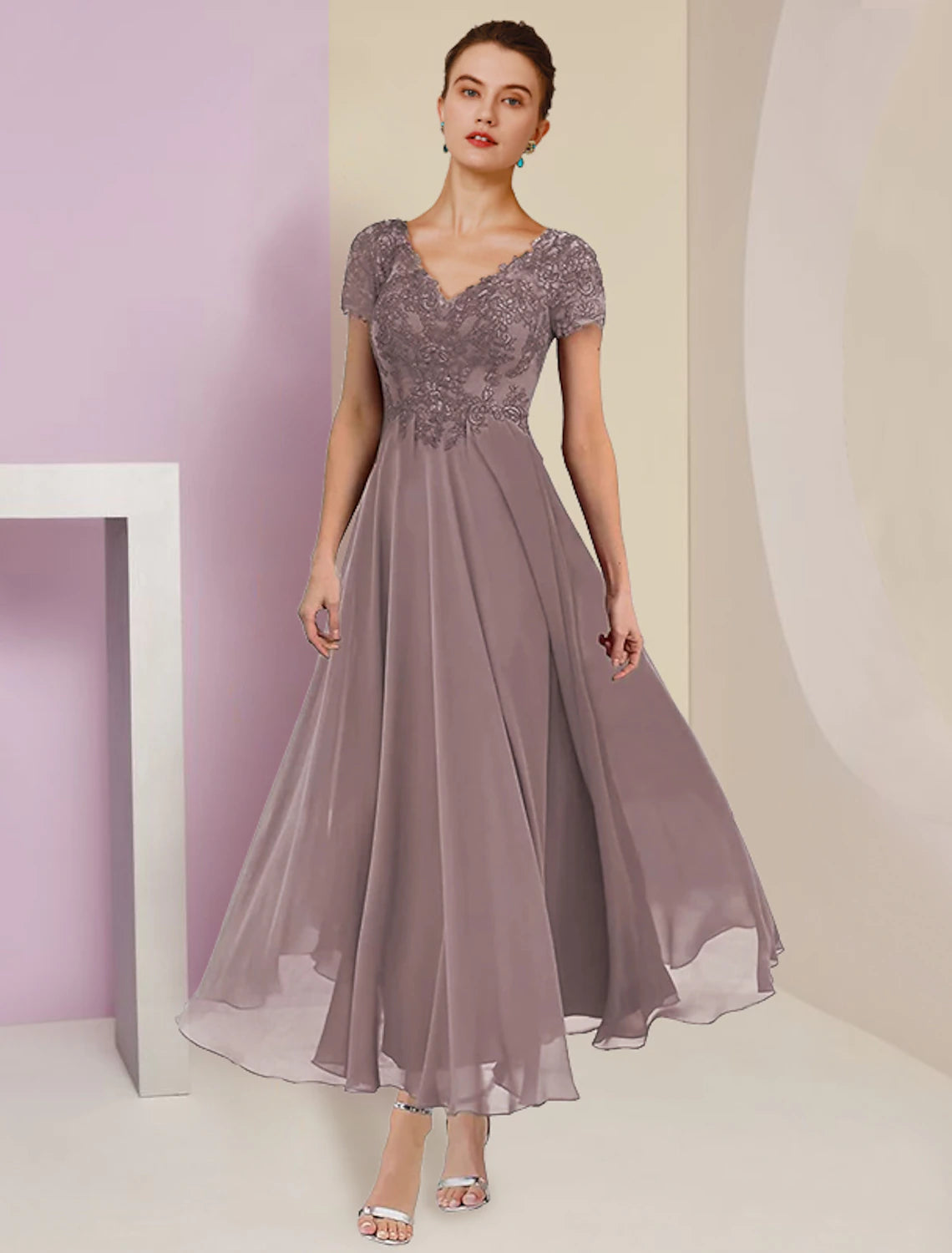 Mauve Chiffon A-Line Midi Dress with Embroidered V-Neck & Flutter Sleeves