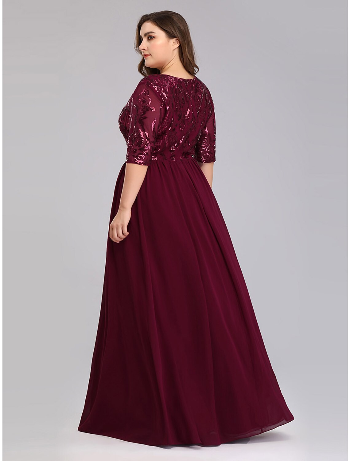 Vestidos de fiesta de corte A, talla grande, para invitados de boda, hasta el suelo, media manga, escote pronunciado, de gasa con