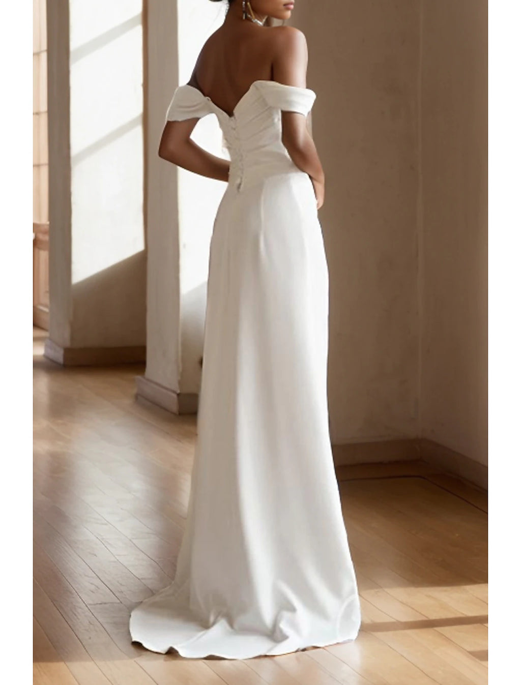 Vestidos de novia blancos cortos de compromiso, vestidos de novia sencillos, corte tubo/columna, hombros descubiertos, sin mangas, cola larga/cepillo, vestidos de novia de satén con abertura frontal fruncida