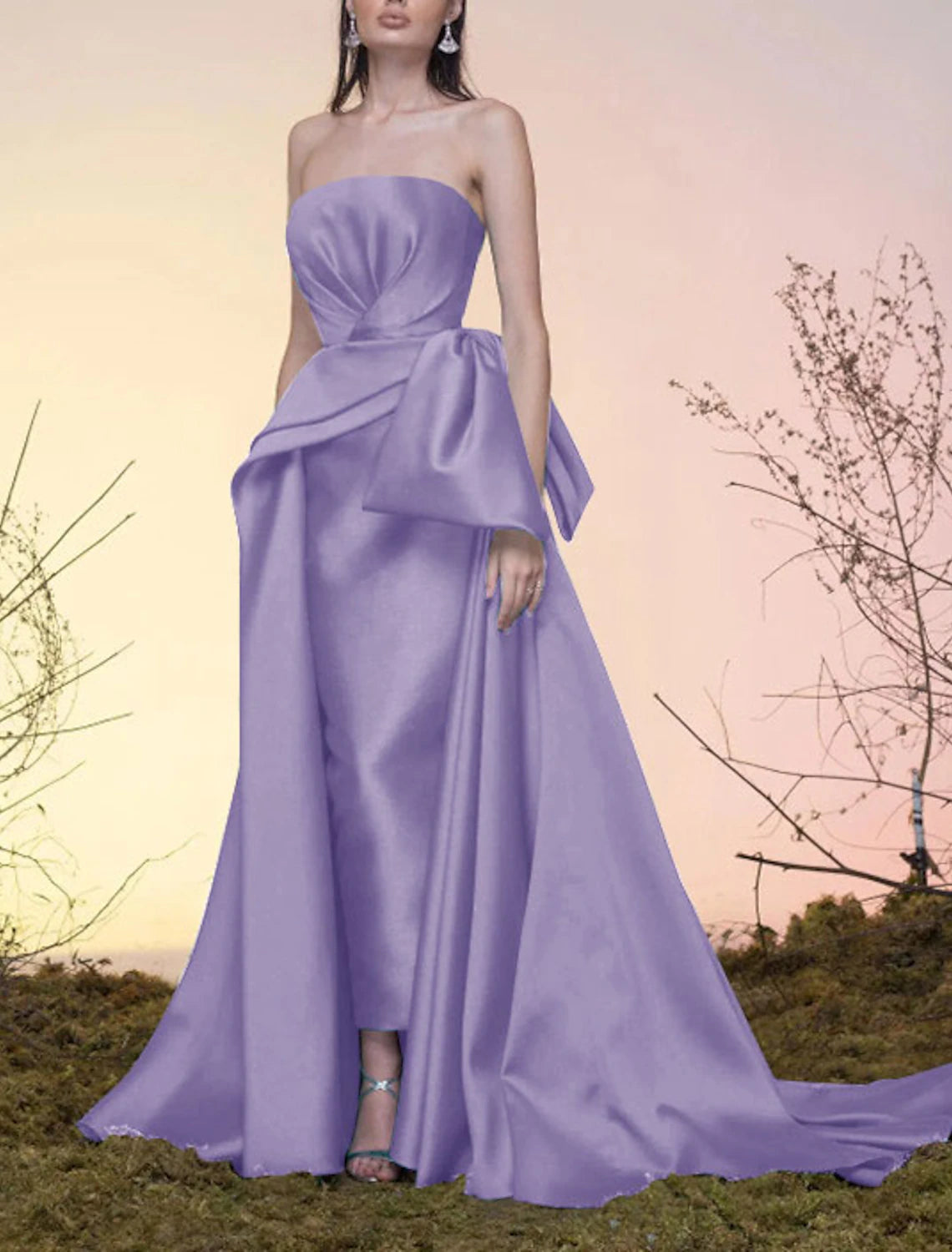 A-Line Party Dress Celebrity Style Elegant Vintage Wedding Guest Prom Dress Strapless Sleeveless Court Train Satin with Bow(s) Overskirt 2025