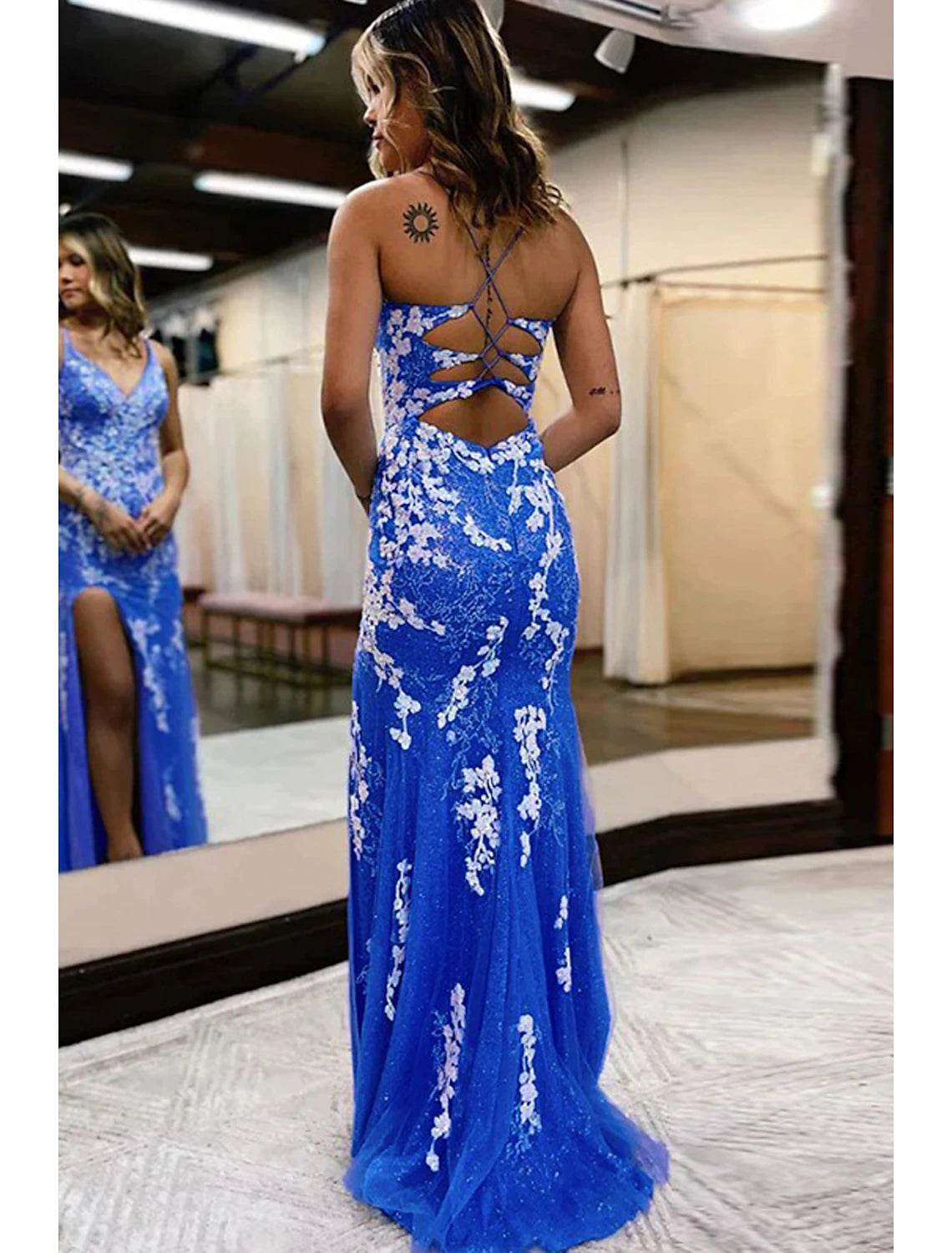 Royal Blue Tulle Sheath/column V-Neck Floor-Length Dress with High slit & Criss-Cross Straps