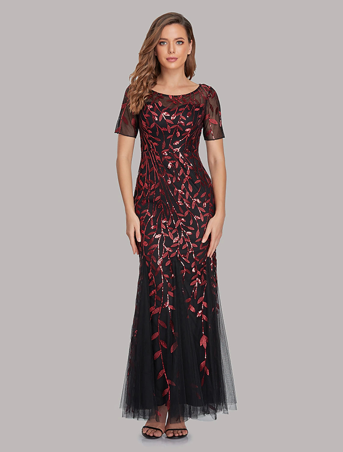 Vestido de noche elegante estilo imperio de sirena/trompeta para fiesta, formal, cuello joya, manga corta, largo hasta el suelo, de tul con bordado/manga ilusión.