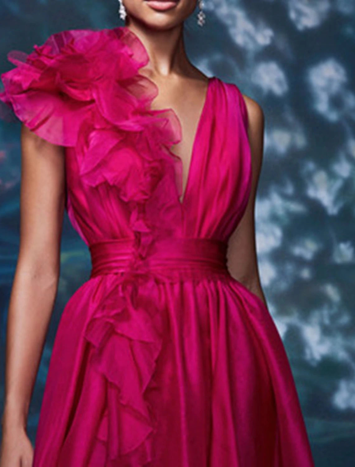 Abito da sera a trapezio, stile celebrità, rosso e verde, formale, da ospite di nozze, lungo fino al pavimento, senza maniche, scollo a V, in chiffon con spacco, colore puro