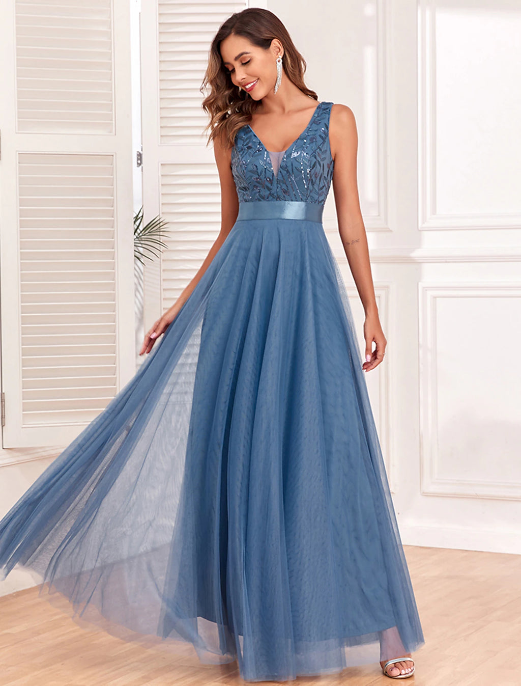 Abito da sera a trapezio, stile impero, da sera, da ballo, lungo, senza maniche, scollo a V, cintura/fascia, tulle, schiena a V con ricami glitterati