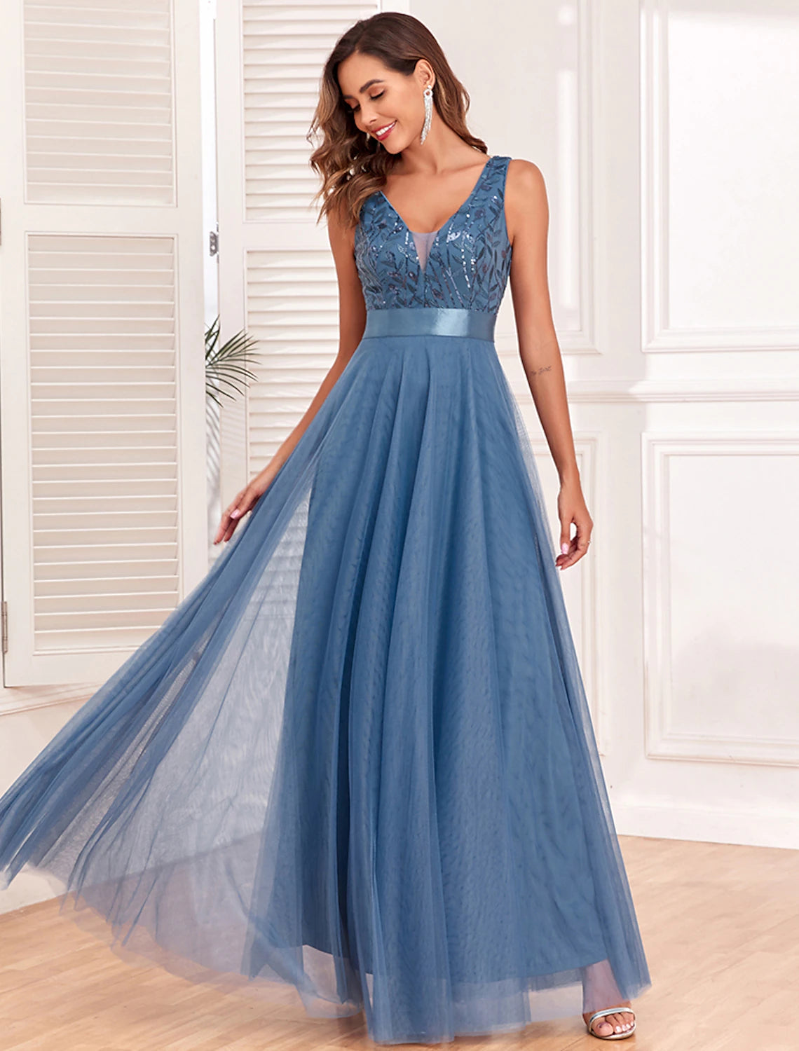 Abito da sera a trapezio, stile impero, da sera, da ballo, lungo, senza maniche, scollo a V, cintura/fascia, tulle, schiena a V con ricami glitterati