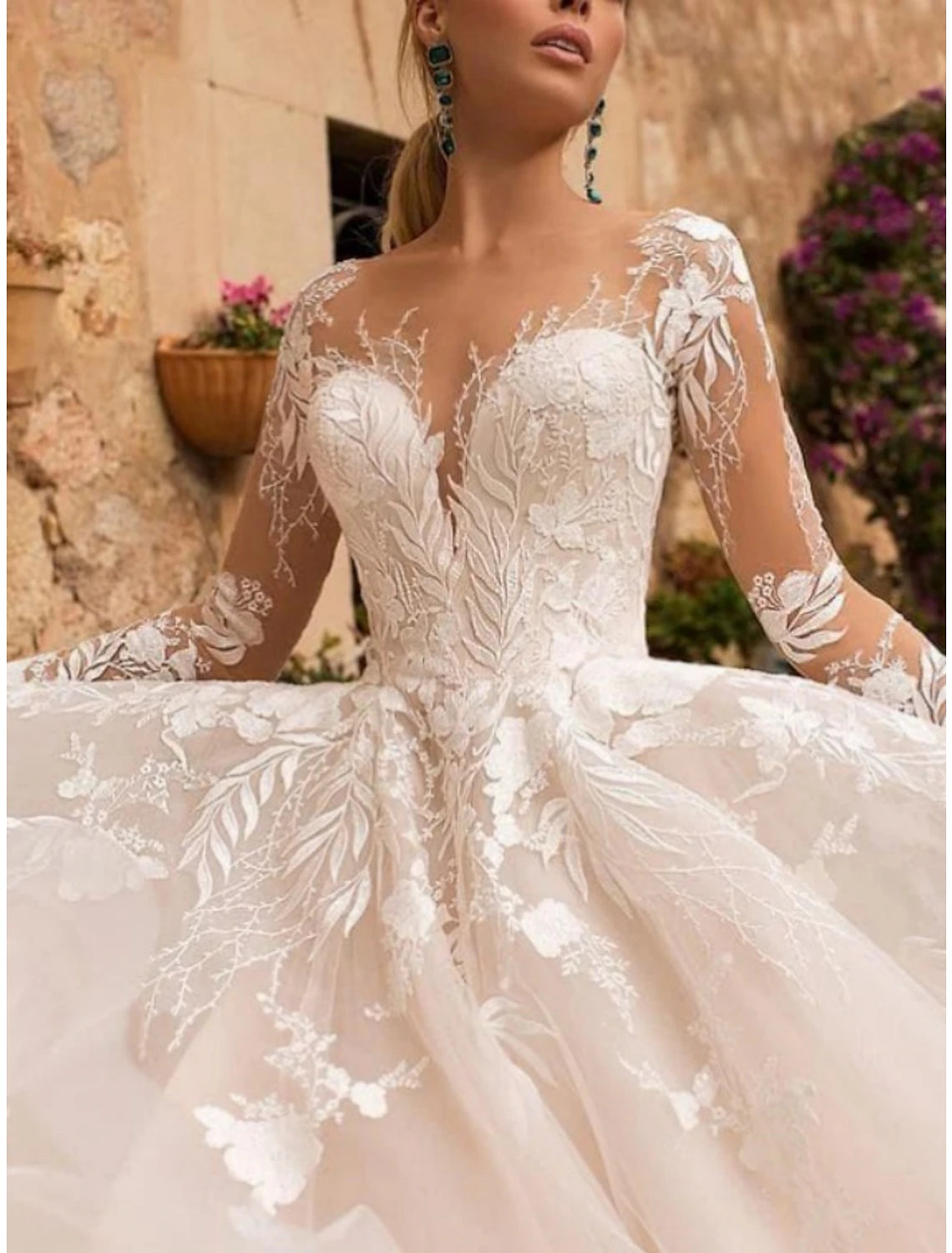 Ivory Lace A-Line Floor-Length V-Neck Dress with Illusion Long Sleeves - Jimiss