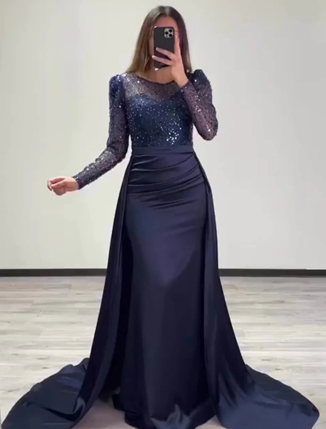 Vestido de noche de sirena con lentejuelas y fruncido de satén, mangas largas hasta el suelo, cuello ilusión brillante, vestido de invitada de boda de otoño con sobrefalda de perlas