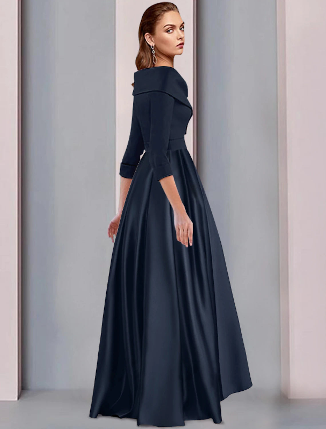 Dark Navy Satin Off-the-Shoulder A-Line High-Low Evening Dress
