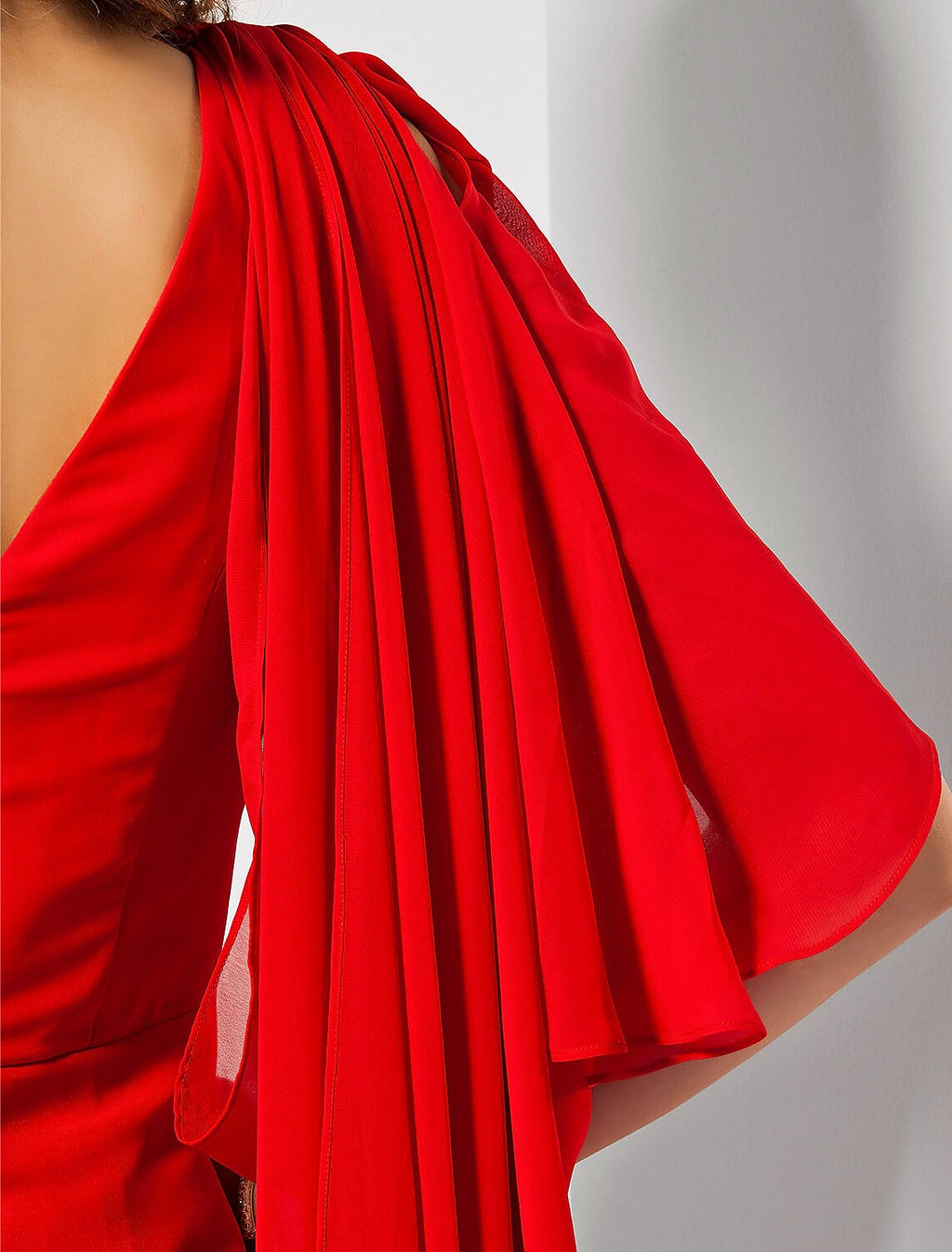 Red Chiffon A-Line Floor-Length Dress with One Shoulder & High Slit