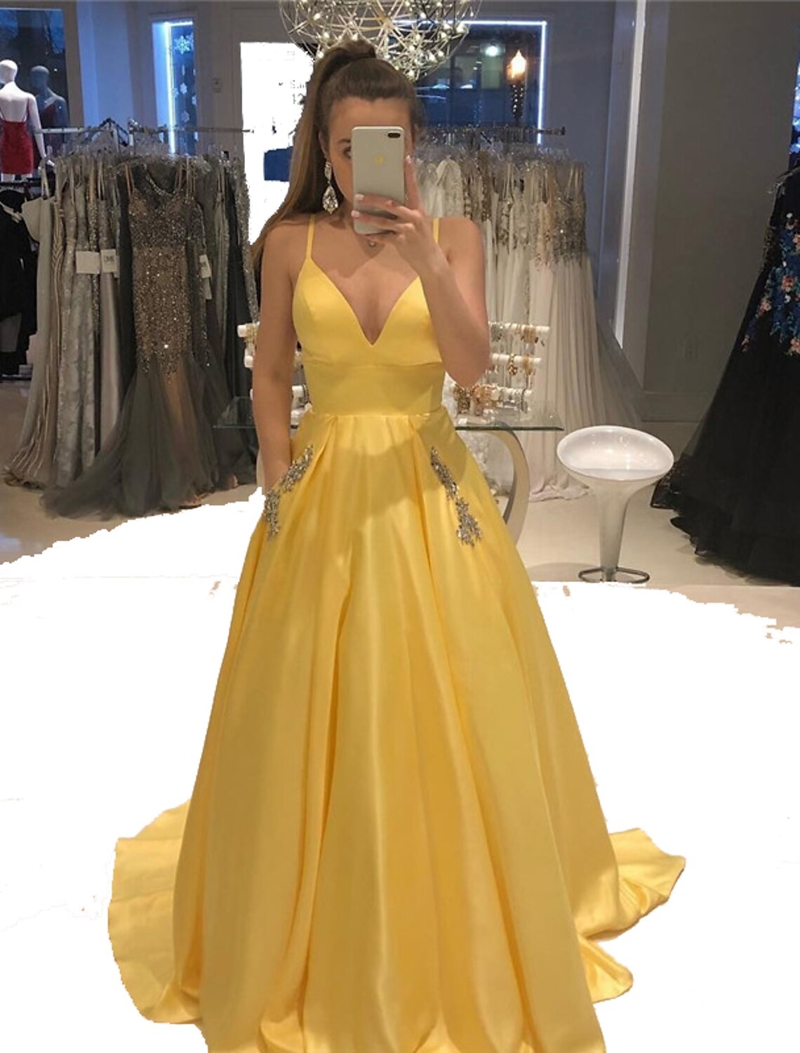 Yellow Satin A-Line V-Neck Floor-Length Evening Gown with Embellished Pockets