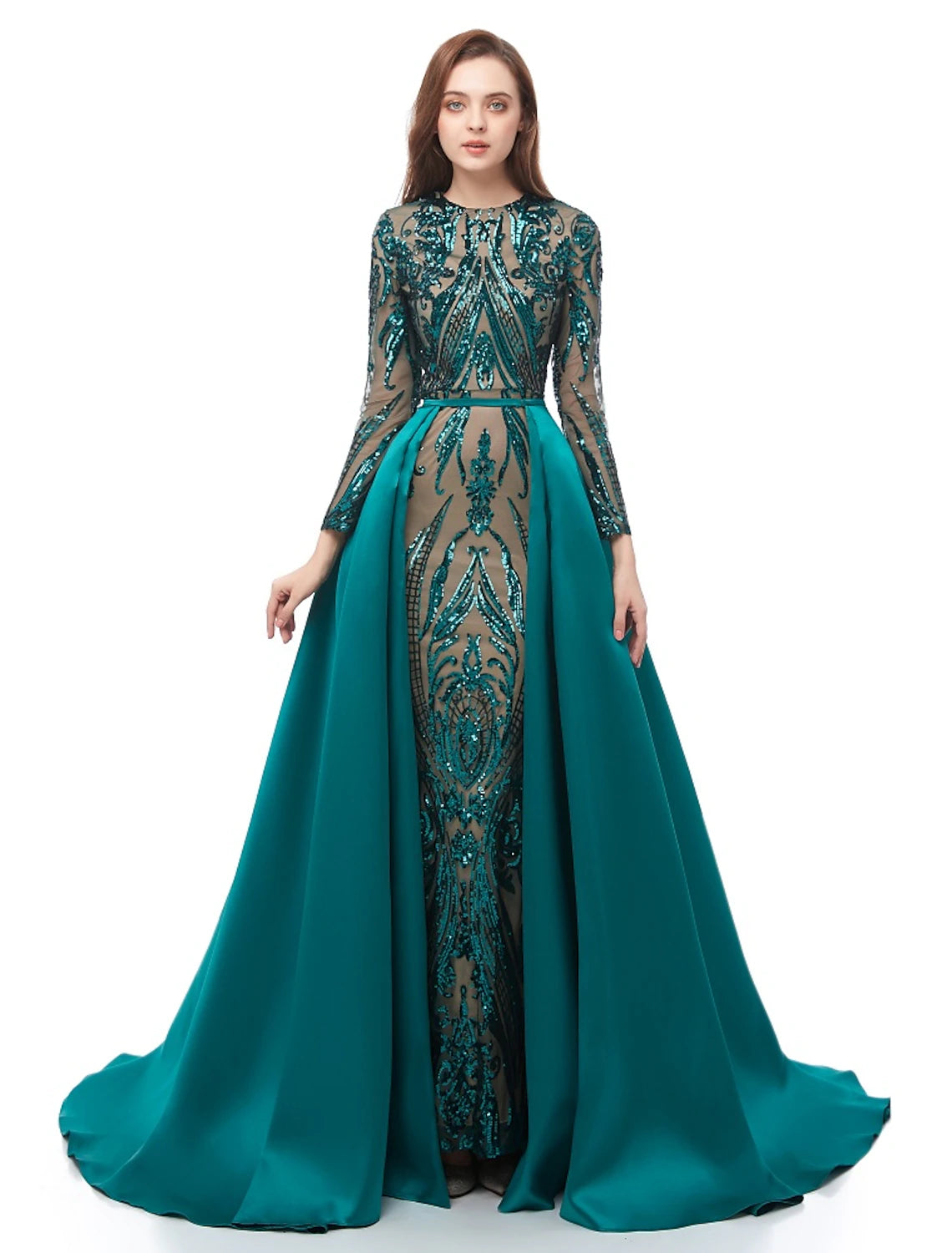 Vestido de fiesta de sirena, vestido de noche, vestido lujoso, vestido de carnaval, boda, invitado, cola de corte, manga larga, cuello joya, falda de satén desmontable con lentejuelas, estampado/estampado