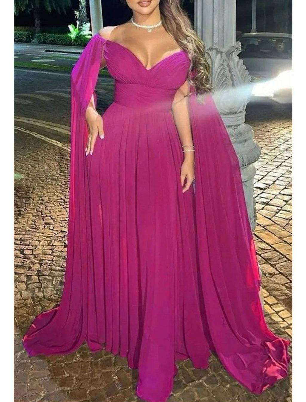 Vestido de noche elegante de corte A, vestido formal para boda, fiesta, cola larga, sin mangas, hombros descubiertos, capas de gasa con pliegues