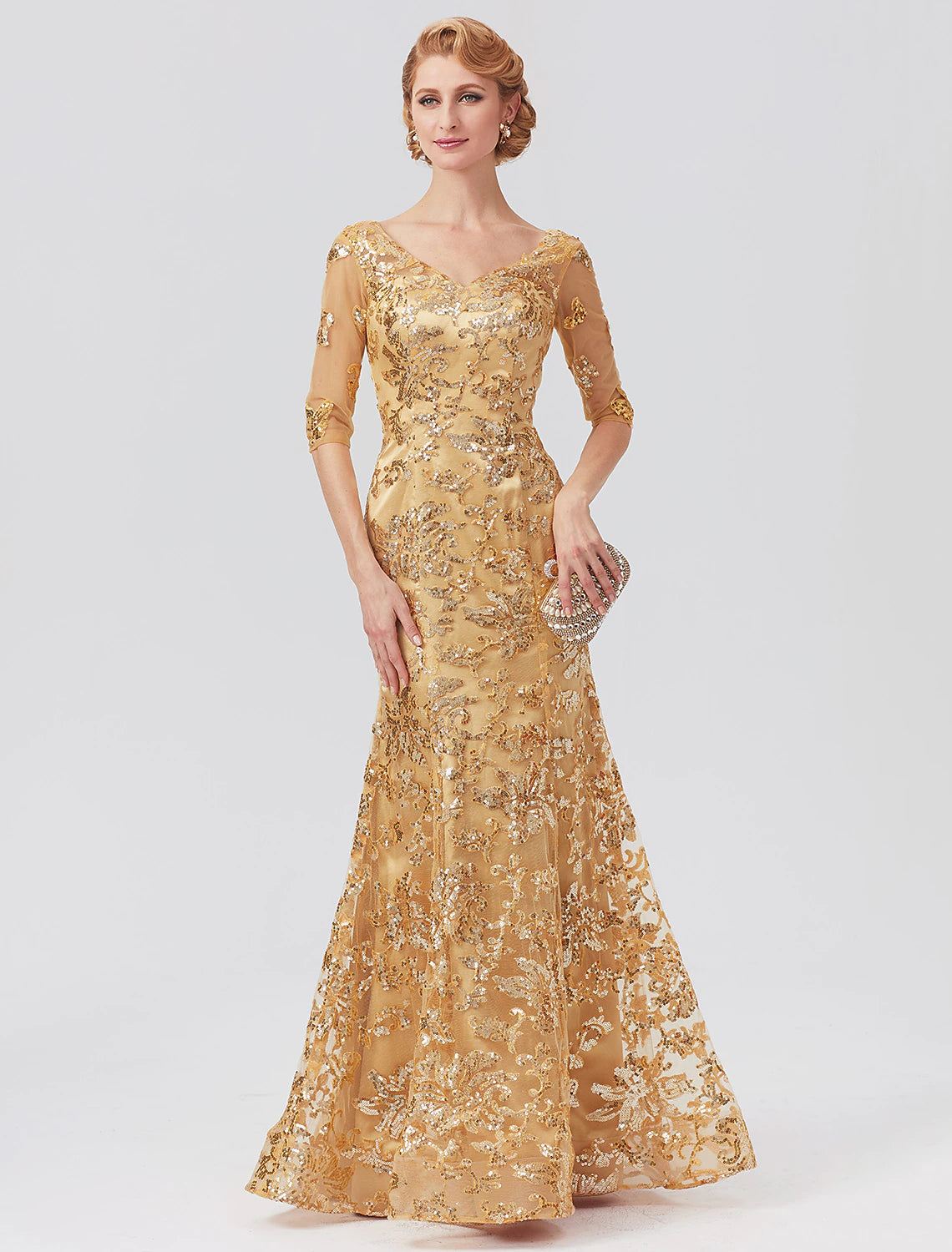 Vestido de sirena/trompeta para madre de la novia, elegante, con brillo y brillo, escote en V, largo hasta el suelo, tul con lentejuelas, media manga con lentejuelas