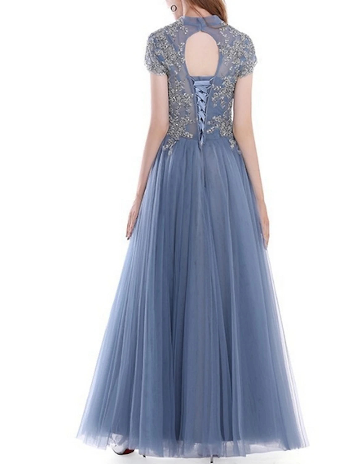 Dusty Blue Tulle A-Line Floor-Length Evening Dress