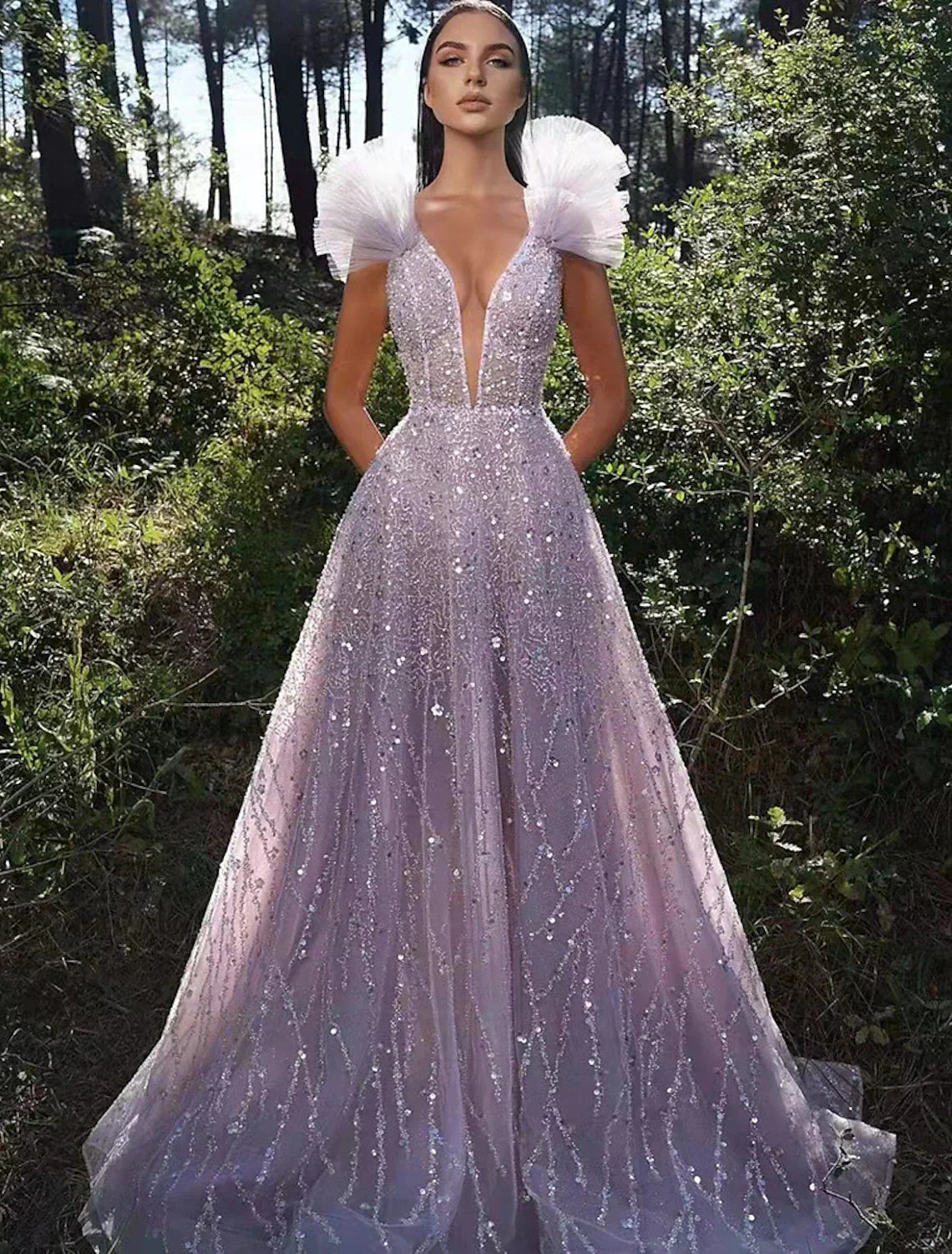 Lavender Tulle A-Line Floor-Length Gown with Plunging V-Neck, Ruffled Shoulders & Sequin Embellishment