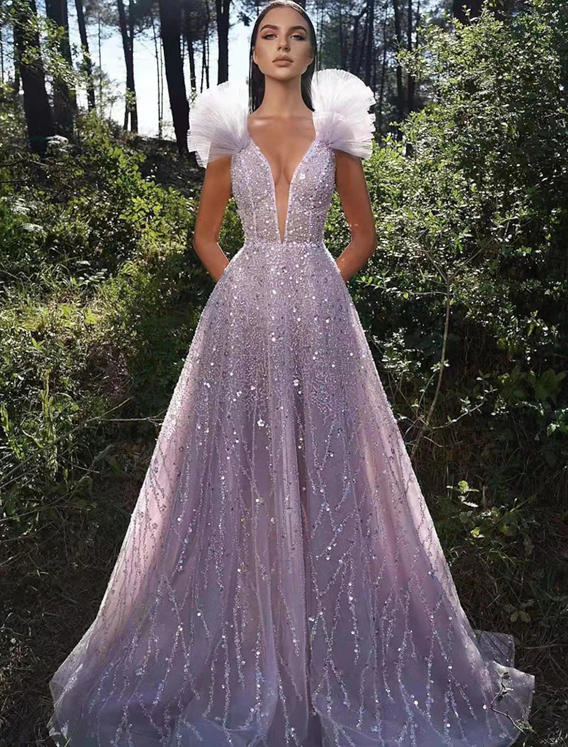 Lavender Glitter A-Line Floor-Length Evening Dress with Plunging V-Neck