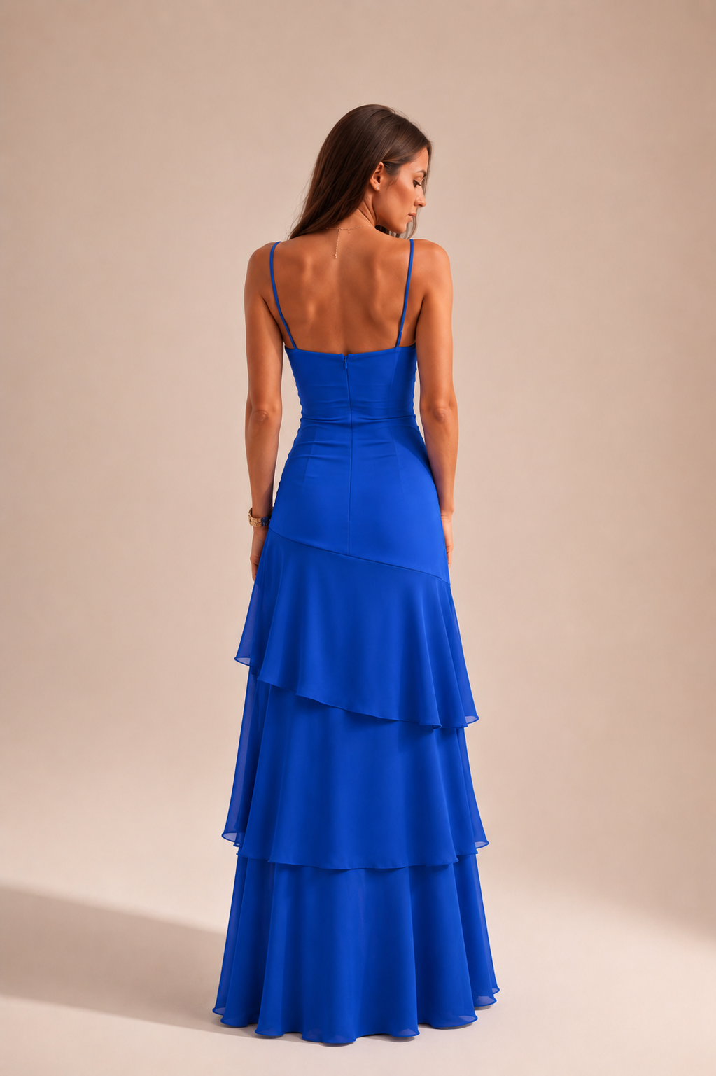 Sky Blue Tiered Ruffle Prom Dress with Corset Bodice, Spaghetti Straps & High Low Hem