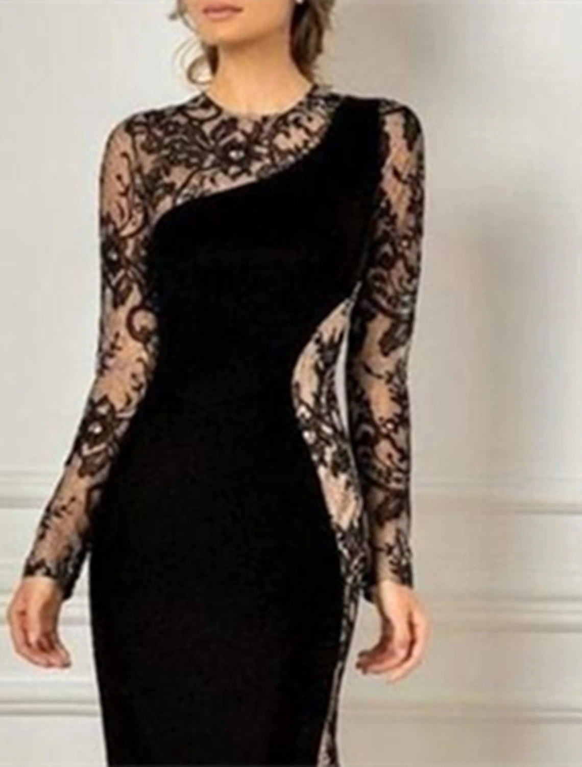 Abito da madre della sposa a sirena/tromba, elegante, per invitati al matrimonio, nero, con scollo gioiello, lunghezza pavimento, in pizzo, velluto, maniche lunghe, senza applicazioni, a blocchi di colore