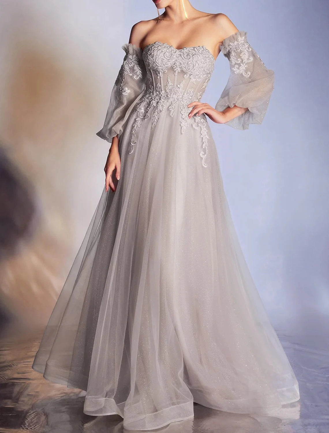 Dusty Rose Off-the-Shoulder Tulle A-Line Floor-Length Gown with Lace Appliques